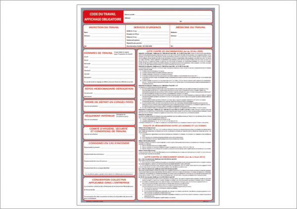 Affichage Obligatoire du code du travail FORMAT A2