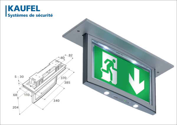 BAES DESIGN évacuation à Leds SARENGA - Kaufel + Cadre pose Encastrement plafond + Pictogrammes