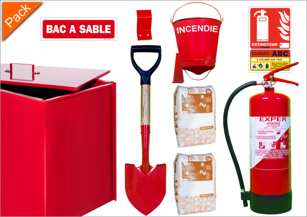 Pack Parking Bac à sable 100 litres + Pelle + Sceau +  Absorbant + Support +  Panneaux + Extincteur 