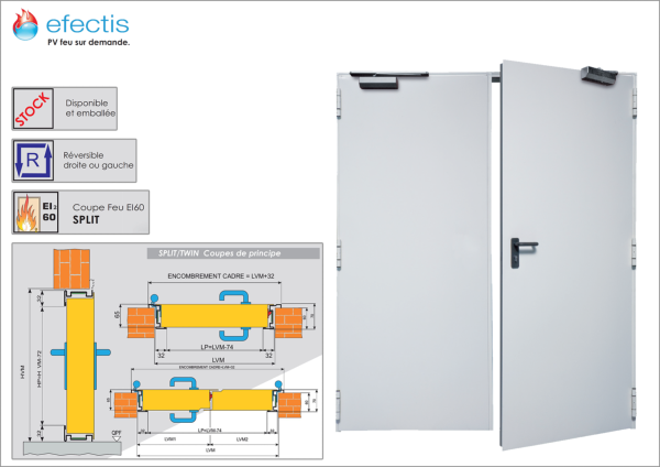 Porte Coupe-Feu Tôlée 60 Minutes - SPLIT 60' - 2 Vantaux Réversible + PV Efectis