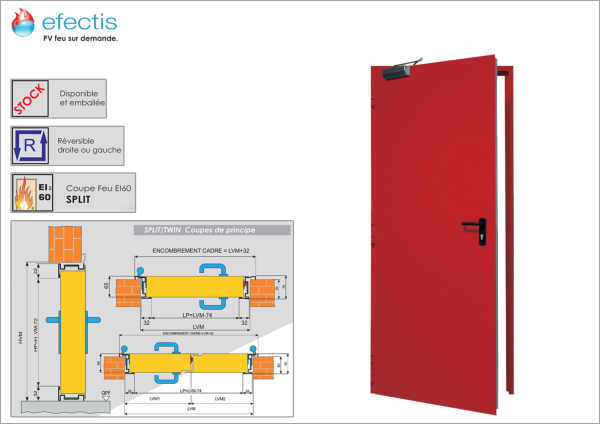 Porte Coupe-Feu Tôlée 60 Minutes - SPLIT 60' - 1 Vantail Réversible + PV Efectis